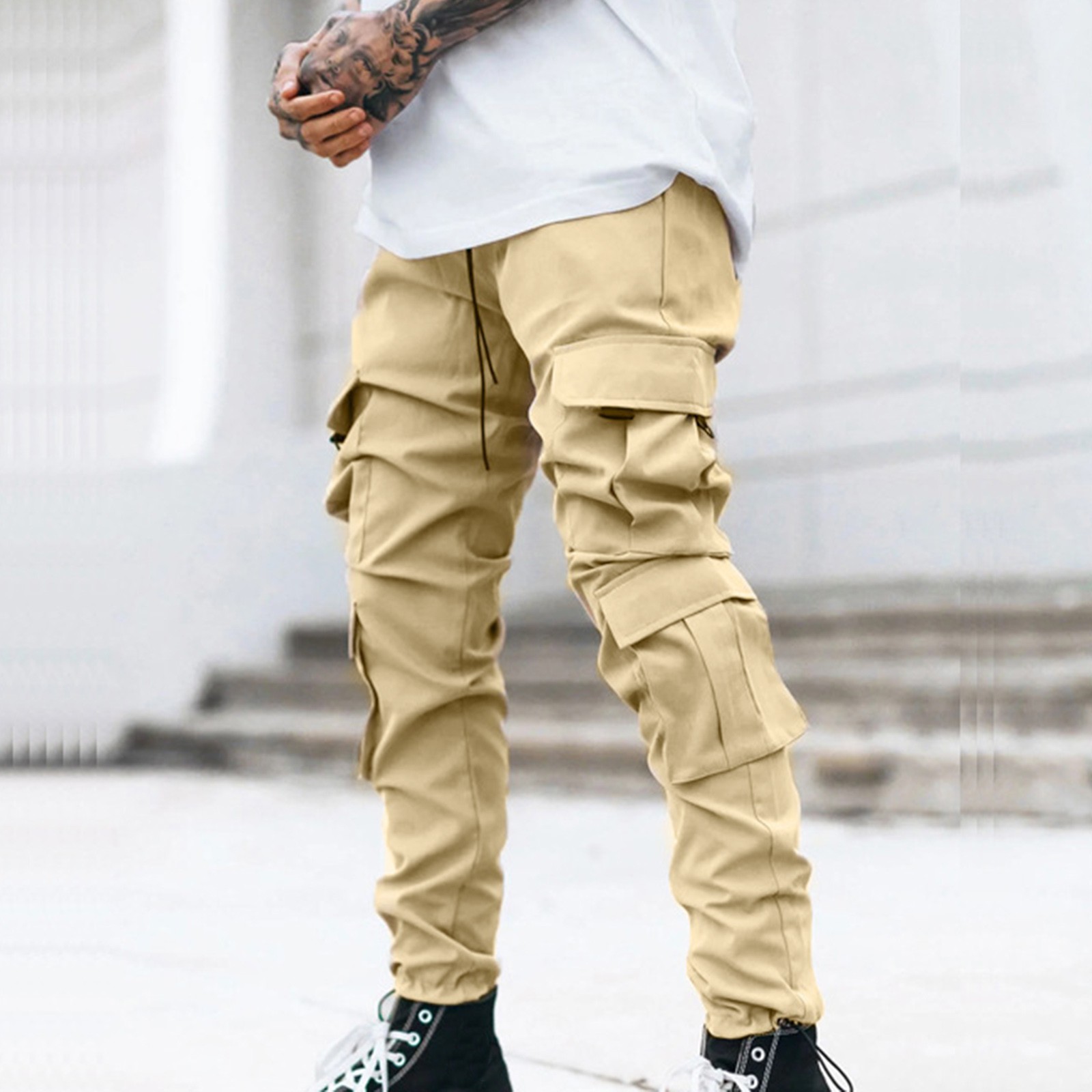 thumbnail image 3 of Pantalones cargo informales para todas las estaciones para hombre: pantalones de chándal con cintura elástica y bolsillos para actividades al aire libre y uso diario, 3 of 8